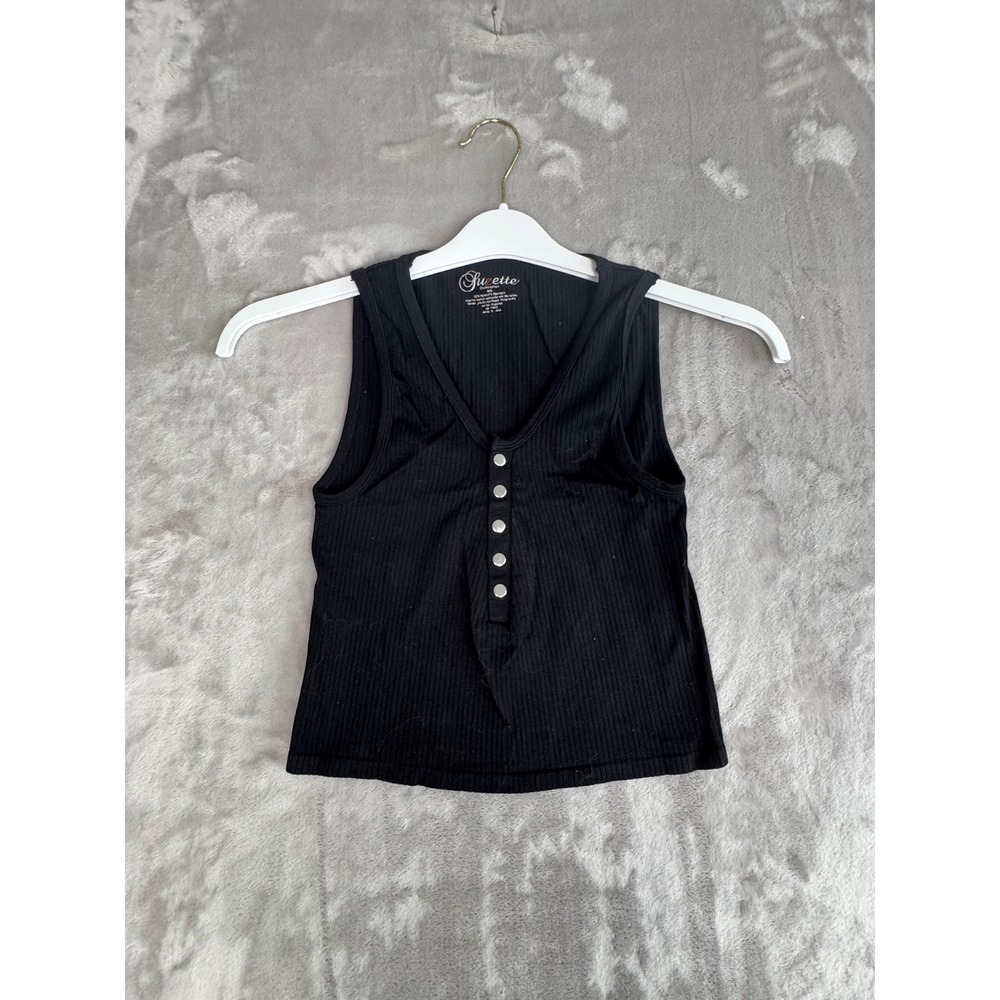 Black Ribbed Tank Top V Neck Sleeveless Button Up Casual Fitted Top‎